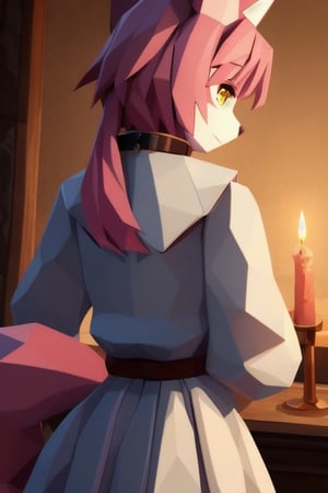 solo, young, kemono fox, yellow body and countershading, anthropomorph, pink hair, pink tail, small breats, yellow eyes, writing with a feather, wear medieval dress, have slave collar, have piercings, back view, background, shadow, candle light, reflected light on the body, backlighting,masterpiece, shaded, high detail, low poly res, low poly style