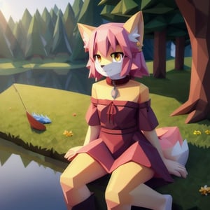 solo, young, kemono fox, yellow body and countershading, anthropomorph, pink hair, pink tail, small breats, yellow eyes, wear medieval dress, is fishing near a lake, have slave collar, have piercings, background, shadow, sunlight, reflected light on the body, backlighting,masterpiece, shaded, high detail, low poly res, low poly style