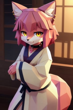 solo, young, kemono fox, yellow body and countershading, anthropomorph, pink hair, pink tail, fox paws, small breats, yellow eyes, have japanese yukata, visible fangs, have slave collar, have piercings, looking at the viewer, background, shadow, forge light, reflected light on the body, backlighting,masterpiece, shaded, high detail, low poly res, low poly style