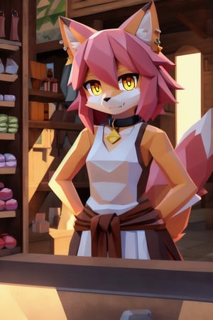 solo, young, kemono fox, yellow body and countershading, anthropomorph, pink hair, pink tail, yellow eyes,small breasts, fully dressed with blacksmith cloth, visible fangs, have slave collar, have piercings, looking at viewer, tend a store, background, shadow, forge light, reflected light on the body, backlighting,masterpiece, shaded, high detail, low poly res, low poly style