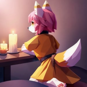 solo, young, kemono fox, yellow body and countershading, anthropomorph, pink hair, pink tail, small breats, yellow eyes, wear medieval dress, have slave collar, visible fow paws, have piercings, back view, background, shadow, candle light, reflected light on the body, backlighting,masterpiece, shaded, high detail, low poly res, low poly style