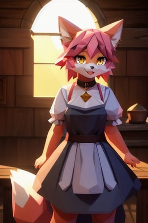 solo, young, kemono fox, yellow body and countershading, anthropomorph, pink hair, pink tail, visible fox paws, small breats, yellow eyes, wear medieval dress cloth, tavern inner, visible fangs, have slave collar, have piercings, looking at the viewer, background, shadow, forge light, reflected light on the body, backlighting,masterpiece, shaded, high detail, low poly res, low poly style