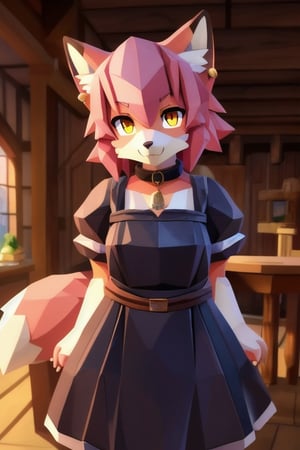 solo, young, kemono fox, yellow body and countershading, anthropomorph, pink hair, pink tail, visible fox paws, small breats, yellow eyes, wear medieval dress cloth, tavern inner, visible fangs, have slave collar, have piercings, looking at the viewer, background, shadow, forge light, reflected light on the body, backlighting,masterpiece, shaded, high detail, low poly res, low poly style