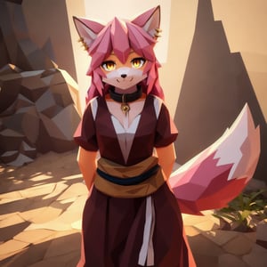 solo, young, kemono fox, yellow body and countershading, anthropomorph, pink hair, pink tail, visible fox paws, small breats, yellow eyes, wear viking dress cloth, visible fangs, have slave collar, have piercings, looking at the viewer, background, shadow, forge light, reflected light on the body, backlighting,masterpiece, shaded, high detail, low poly res, low poly style