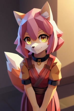 solo, young, kemono fox, yellow body and countershading, anthropomorph, pink hair, pink tail, visible fox paws, small breats, yellow eyes, wear viking dress cloth, visible fangs, have slave collar, have piercings, looking at the viewer, background, shadow, forge light, reflected light on the body, backlighting,masterpiece, shaded, high detail, low poly res, low poly style