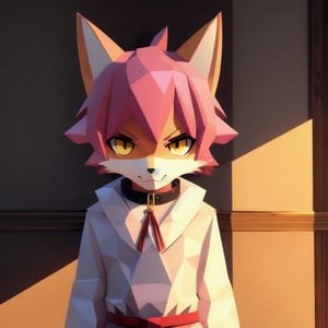 solo, young, kemono fox, yellow body and countershading, anthropomorph, pink hair, pink tail, small breats, yellow eyes, visible fox paws, wear medieval dress, have slave collar, is angry, angry expression, visible fangs, have piercings, background, shadow, sunlight, reflected light on the body, looking at the viewer, backlighting,masterpiece, shaded, high detail, low poly res, low poly style