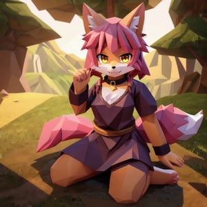 solo, young, kemono fox, yellow body and countershading, anthropomorph, pink hair, pink tail, visible fox paws, small breats, yellow eyes, wear viking dress cloth, visible fangs, have slave collar, have piercings, looking at the viewer, background, shadow, forge light, reflected light on the body, backlighting,masterpiece, shaded, high detail, low poly res, low poly style