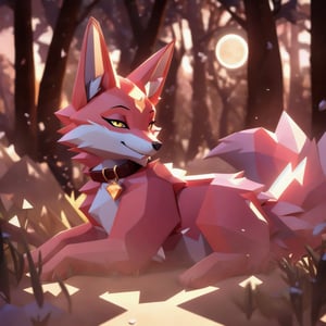 low polygon vixen, pink fur and countershading, pink hair, pink tail, yellow eyes, visible fox paws, have collar, is sleeping, visible fangs, have piercings, background, shadow, moon light, reflected light on the fur, looking at the viewer, backlighting,masterpiece, shaded, high detail, low poly res, low poly style,Spirit Fox Pendant
