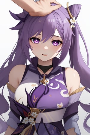 (masterpiece), best quality, expressive eyes, perfect face,happy,1girl,large breast, keqing (genshin impact), hair bun, purple hair, twintails, purple eyes, diamond-shaped pupils, hair ornament, cone hair bun,keqingdef,HeadpatPOV,head_pat