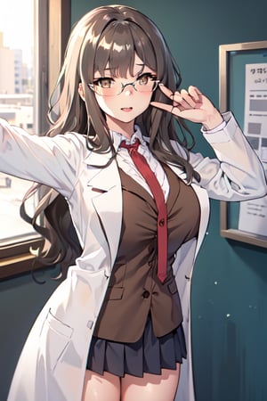 1 girl,large breasts,riofutaba, ashe brown hair, long hair, brown eyes, glasses,labcoat, brown blazer, blazer, white shirt, red necktie, pleated skirt

,okawaiikoto pose