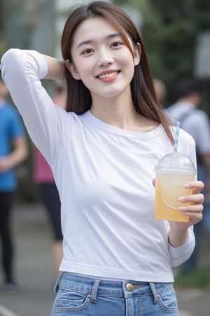 Model : Flux.1
Prompt :

a young Asian girl with long brown hair, wearing a white long-sleeved t-shirt and blue jean bottoms, is holding a soft drink in her left hand. Her right hand is raised in the air, adding a touch of balance to her face. The background is blurred, with a few people visible in the distance.
