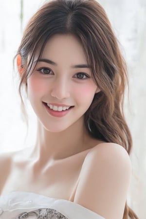 
A hyper-realistic image of a stunning Japanese woman beauty pose confidently against a pure white background. She has long, flowing brunette hair that cascades over her shoulders in soft waves, framing her delicate features. Her eyes are warm and expressive, her cheeks softly flushed, and her radiant smile exudes a gentle, inviting charm.

