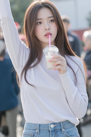 Model : Flux.1
Prompt :

a young Asian girl with long brown hair, wearing a white long-sleeved t-shirt and blue jean bottoms, is holding a soft drink in her left hand. Her right hand is raised in the air, adding a touch of balance to her face. The background is blurred, with a few people visible in the distance.
