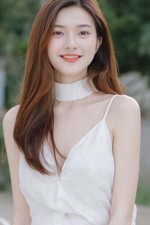 Model : Flux.1
Prompt :

a young Asian woman with long brown hair, wearing a white sleeveless blouse and a white choker around her neck. She is smiling, her lips are painted a vibrant red. Her hair cascades over her shoulders, adding a pop of color to her face. The backdrop is blurred, suggesting a natural setting.
