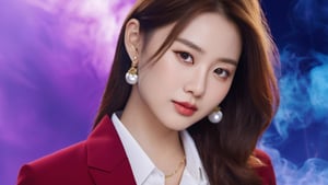 The image features a thai Korean woman with brown hair and a white blazer. She is wearing a white shirt ,smart women. The background is a colorful smattering of red, purple, and blue smoke.

, realistic, (Highly detailed background), (depth of field), (detailed light:1.2), Deep focus, Short exposure, closed up, focus eye,

ภาพถ่ายจริง details,uhd,สมจริง,เพิ่มแสง,, closed up
best quality), (masterpiece), (high resolution), 
details face, details sharp,detailed,detail face,closed_mouth,,detailed backgrund,