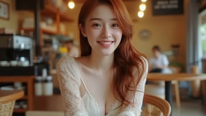 (Best quality, 8k, 32k, Masterpiece, UHD:1.2),Photo of Pretty chinese  woman, 1girl, Cute skin ,Long hairs ,detailsed,highest resolutions ,

woman with long reddish-brown curly hair smiles warmly while sitting in a cozy, modern café. She is dressed in a delicate white lace top, exuding a relaxed yet stylish vibe. The café background features soft lighting, a coffee machine, and cups arranged neatly, creating a warm and inviting atmosphere. The setting suggests a peaceful and intimate moment, with a casual and friendly ambiance. The woman’s outfit and posture are elegant yet casual, enhancing the overall aesthetic of a trendy urban café scene