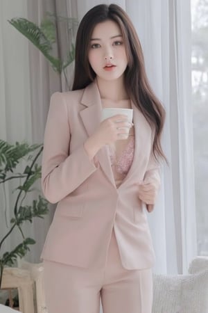 A Korean celebrity idol woman wearing a tailored pastel pink suit and a delicate carnation lace pink bralette, smile with no teeth. She is holding a cup of coffee. The background is a luxurious light grey building with a living room setting. Asian-inspired look in a 90s film camera style, and delivers beautifully realistic outputs, beautiful, masterpiece.