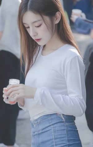 Model : Flux.1
Prompt :

a young Asian girl with long brown hair, wearing a white long-sleeved t-shirt and blue jean bottoms, is holding a soft drink in her left hand. The background is blurred, with a few people visible in the distance.
