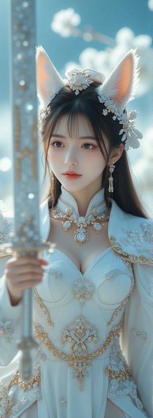 Score_9, score_8_up, score_7_up, a masterpiece unfolds in stunning, ethereal scenes. A brave female warrior ,blunt bangs, wearing diamond armor and golden proportions raises a shining holy sword. The background is a light blue rose with snowflakes that symbolizes purity and delicacy. There was an otherworldly aura in the air, as the armor worn by the female warriors was intricately decorated with machine parts, diamonds, crystals, gems, and sparkling lace threads between the components. Blurred background. The lighting is a perfect blend of exposure, with a subtle HDR effect that adds depth and dimension to the scene. The colors are soft and the tones are soothing, evoking a sense of tranquility. The female warrior has nine white fox tails that adorn her body, giving her an aura of protection and strength. In this surreal fantasy world where magic and technology seamlessly merge, the female warrior's determination to uphold justice is evident, and she is ready to face any challenges that lie ahead. Movie special effects grade style.