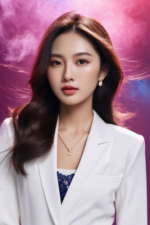 The image features a thai Korean woman with brown hair and a white blazer, long hair ,She is wearing a white shirt ,smart women. The background is a colorful smattering of red, pink,purple, and blue smoke.

, realistic, (Highly detailed background), (depth of field), (detailed light:1.2), Deep focus, Short exposure, closed up, focus eye,  very closed up face,

ภาพถ่ายจริง details,uhd,สมจริง,เพิ่มแสง,, closed up
best quality), (masterpiece), (high resolution), 
details face, details sharp,detailed,detail face,closed_mouth,,detailed backgrund,