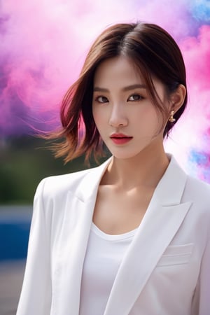 The image features a thai Korean woman with brown hair and a white blazer, long hair ,She is wearing a white shirt ,smart women. The background is a colorful smattering of red, pink,purple, and blue smoke.

, realistic, (Highly detailed background), (depth of field), (detailed light:1.2), Deep focus, Short exposure, closed up, focus eye,

ภาพถ่ายจริง details,uhd,สมจริง,เพิ่มแสง,, closed up
best quality), (masterpiece), (high resolution), 
details face, details sharp,detailed,detail face,closed_mouth,,detailed backgrund,