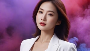 The image features a thai Korean woman with brown hair and a white blazer. She is wearing a white shirt ,smart women. The background is a colorful smattering of red, purple, and blue smoke.

, realistic, (Highly detailed background), (depth of field), (detailed light:1.2), Deep focus, Short exposure, closed up, focus eye,

ภาพถ่ายจริง details,uhd,สมจริง,เพิ่มแสง,, closed up
best quality), (masterpiece), (high resolution), 
details face, details sharp,detailed,detail face,closed_mouth,,detailed backgrund,xxmixgirl