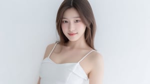 
A hyper-realistic image of a stunning Japanese woman beauty pose confidently against a pure white background. She has long, flowing brunette hair that cascades over her shoulders in soft waves, framing her delicate features. Her eyes are warm and expressive, her cheeks softly flushed, and her radiant smile exudes a gentle, inviting charm.white dress 

