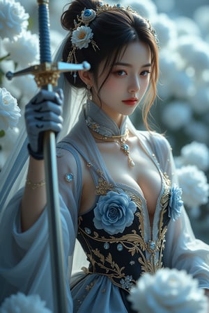 Score_9, score_8_up, score_7_up, a masterpiece unfolds in stunning, ethereal scenes. A brave female warrior ,blunt bangs, wearing black  diamond armor and golden proportions raises a shining holy sword. The background is a light blue rose with snowflakes that symbolizes purity and delicacy. There was an otherworldly aura in the air, as the armor worn by the female warriors was intricately decorated with machine parts, diamonds, crystals, gems, and sparkling lace threads between the components. Blurred background. The lighting is a perfect blend of exposure, with a subtle HDR effect that adds depth and dimension to the scene. The colors are soft and the tones are soothing, evoking a sense of tranquility. The female warrior has nine white fox tails that adorn her body, giving her an aura of protection and strength. In this surreal fantasy world where magic and technology seamlessly merge, the female black warrior's determination to uphold justice is evident, and she is ready to face any challenges that lie ahead. Movie special effects grade style.highest details resolutions ,close up ,