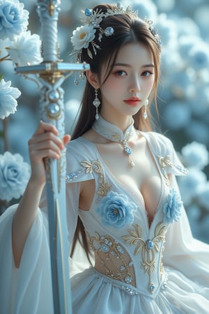 Score_9, score_8_up, score_7_up, a masterpiece unfolds in stunning, ethereal scenes. A brave female warrior ,blunt bangs, wearing diamond armor and golden proportions raises a shining holy sword. The background is a light blue rose with snowflakes that symbolizes purity and delicacy. There was an otherworldly aura in the air, as the armor worn by the female warriors was intricately decorated with machine parts, diamonds, crystals, gems, and sparkling lace threads between the components. Blurred background. The lighting is a perfect blend of exposure, with a subtle HDR effect that adds depth and dimension to the scene. The colors are soft and the tones are soothing, evoking a sense of tranquility. The female warrior has nine white fox tails that adorn her body, giving her an aura of protection and strength. In this surreal fantasy world where magic and technology seamlessly merge, the female warrior's determination to uphold justice is evident, and she is ready to face any challenges that lie ahead. Movie special effects grade style.highest details resolutions ,close up ,