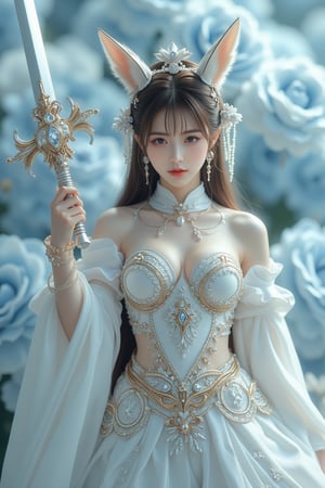 Score_9, score_8_up, score_7_up, a masterpiece unfolds in stunning, ethereal scenes. A brave female warrior ,blunt bangs, wearing diamond armor and golden proportions raises a shining holy sword. The background is a light blue rose with snowflakes that symbolizes purity and delicacy. There was an otherworldly aura in the air, as the armor worn by the female warriors was intricately decorated with machine parts, diamonds, crystals, gems, and sparkling lace threads between the components. Blurred background. The lighting is a perfect blend of exposure, with a subtle HDR effect that adds depth and dimension to the scene. The colors are soft and the tones are soothing, evoking a sense of tranquility. The female warrior has nine white fox tails that adorn her body, giving her an aura of protection and strength. In this surreal fantasy world where magic and technology seamlessly merge, the female warrior's determination to uphold justice is evident, and she is ready to face any challenges that lie ahead. Movie special effects grade style.