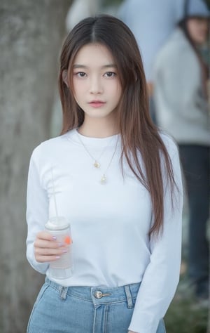 Model : Flux.1
Prompt :

a young Asian girl with long brown hair, wearing a white long-sleeved t-shirt and blue jean bottoms, is holding a soft drink in her left hand. The background is blurred, with a few people visible in the distance.
