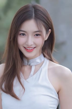 Model : Flux.1
Prompt :

a young Asian woman with long brown hair, wearing a white sleeveless blouse and a white choker around her neck. She is smiling,close up,higth detail , her lips are painted a vibrant red. Her hair cascades over her shoulders, adding a pop of color to her face. The backdrop is blurred, suggesting a natural setting.
gray bg