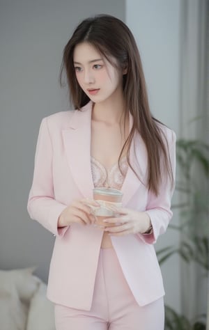 A Korean celebrity idol woman wearing a tailored pastel pink suit and a delicate carnation lace pink bralette, smile with no teeth. She is holding a cup of coffee. The background is a luxurious light grey building with a living room setting. Asian-inspired look in a 90s film camera style, and delivers beautifully realistic outputs, beautiful, masterpiece.