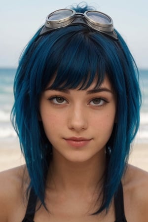 18 years old teen,(((wearing a microbikini and a small G-string))),
cute smile ,freckles, large breast,((((messy hair cut short all around, except for two long front pieces on either side of her face blue color with bangs with a  ramona flowers goggles)))),lying on the beach,
looking at viewer,nipples,Ultra-HD, 8k, mid-plane shot
