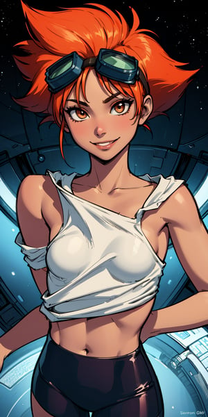 Edward,  tan skin, tomboy, midriff, orange hair, (((she is not wearing shirt))), off shoulder, spiked hair, barefoot, bike shorts, brown eyes, goggles on head,   upper body, smile, small boobs,
space station, engine room, 
 (insanely detailed, beautiful detailed face, masterpiece, best quality)  volumetric lighting, best quality, masterpiece, intricate details, tonemapping, sharp focus, hyper detailed ,perfect