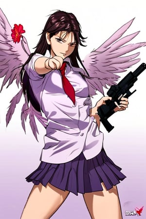 ((phoenix)),1girl,school uniform,mini skirt,Angel wings,holding gun,female action poses,show the flower pantie,sBREAK,light purple eyes
