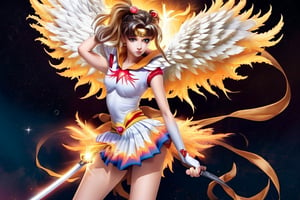 ((phoenix)),1girl,(mini skirt),holding sword,Angel wings,aausagi