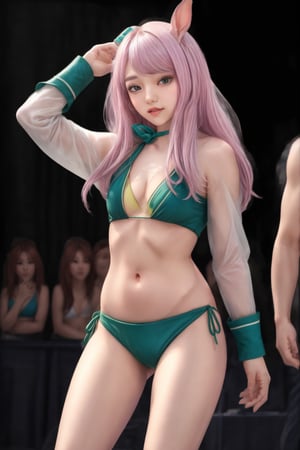 1girl, looking at viewer, thigh up body, kpop idol, styled outfit, on stage, professional lighting, different hairstyle, coloful,on the beach,best quality, masterpiece,flat chest,green bikini,sexy pose,mcqueen
