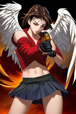 ((phoenix)),1girl,(mini skirt),holding sword,Angel wings,holding gun,female action poses,