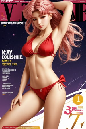 1girl, looking at viewer, thigh up body, kpop idol, styled outfit, on stage, professional lighting, different hairstyle, coloful, magazine cover, best quality, masterpiece,bikini,FujisakiShiori,sailor moon chibi