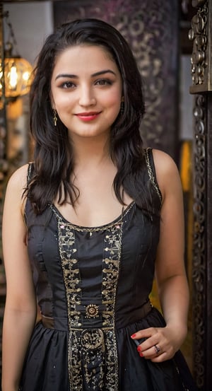 A 18  years young girl wearing frock, cute face with details, beautiful black eyes, black long hair, smile 0.1, lipstick, earrings, model photoshot, high quality realistic photo,HZ Steampunk, different pose,YamiGautam