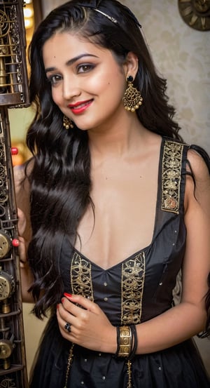 A 18  years young girl wearing frock, cute face with details, beautiful black eyes, black long hair, smile 0.1, lipstick, earrings, model photoshot, high quality realistic photo,HZ Steampunk, different pose,YamiGautam