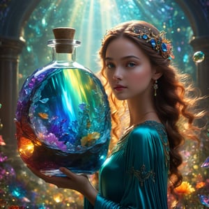 Delicate details, Splash art, The movie, (A cell bottle in a bottle ), cordialidad intricately detailed, fantastical, complementary colours, fantasy, concept art, 8k resolution blur background Vivid colors, Broken Glass effect, no background, stunning, something that even doesn't exist, mythical being, energy, molecular, textures, iridescent and luminescent scales, breathtaking beauty, pure perfection, divine presence, unforgettable, impressive, breathtaking beauty, Volumetric light, auras, rays, vivid colors reflects,Girl