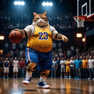 cinematic photo of a fat cat vwith anthropomorphic humanoid body, dressed as nba basketball player performing a slamdunk in basketball, high detail, hyper realistic. 35mm photograph, film, bokeh, professional, 4k, highly detailed, Cnd