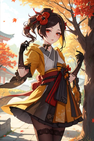chiori, hair ornament, japanese clothes, kimono, flower, gloves, black gloves, hair flower, elbow gloves, pantyhose, sash, obi, long hair, thighhighs, choker,1girl,looking at viewer,best quality,aesthetic,perfect face,expressive eyes, bust shot,hand moving hair, half lidded eyes, parted lips, autumn leaves,complex, dramatic lighting, rim lighting,outdoors, hair ornament