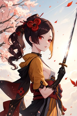 chiori, hair ornament, japanese clothes, kimono, flower, gloves, black gloves, hair flower, elbow gloves, pantyhose, sash, obi, long hair, thighhighs, choker,viewed from behind,best quality,aesthetic,perfect face,expressive eyes,((upper body)),small breasts,hand moving hair, (((half lidded eyes))), parted lips, autumn,sakura flower petals falling,sakura tree,complex, dramatic lighting, rim lighting,outdoors, sunset,holding sword over shoulder,sword behind back, sword running down back,