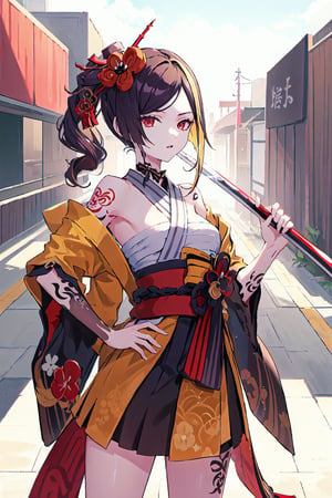 chiori \(genshin impact\),red eyes,small breasts,((kimono rolled off one shoulder)),(((sarashi))),yakuza tattoos,tattoos on arms and shoulders,holding sword, face,chiori,sarashi,yakuza tattoos,hand on hip,