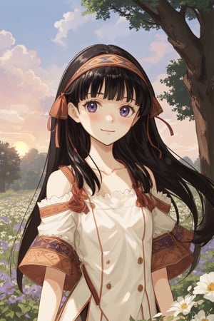 upper body close up,SophieOutfit,1girl,solo,alternate costume,best quality, masterpiece,expressive eyes, perfect face,complex, dramatic lighting, rim lighting, long hair,small breasts,headband,short sleeves,exposed shoulders,collarbone,black hair,purple eyes,blush,flower field,wind blowing hair,((hand on hair)),sunset,smile
