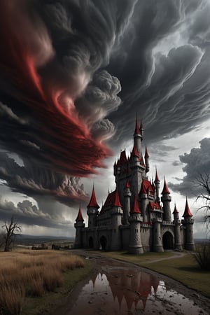 apocalyptic, grey and red clouds, "heartland", castle,