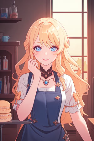 1girl,solo,adult,best quality, masterpiece,expressive eyes, perfect face,complex, dramatic lighting, rim lighting, long hair,blonde hair, blue eyes, apron,hand on face,smile,holding tray,macaroons,cozy interior,sunset,baking,